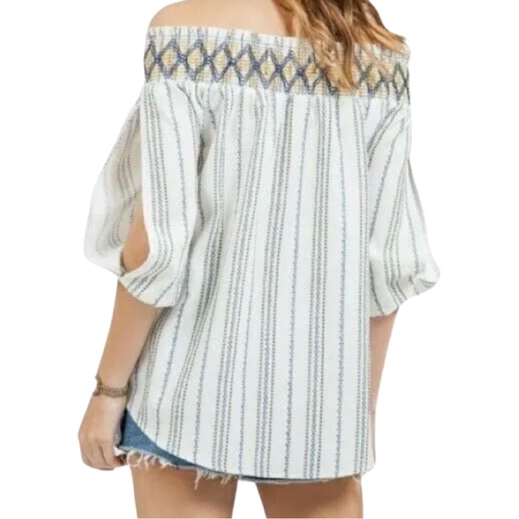 J By J.O.A Smocked Off Shoulder Floral Striped White Top. White, blue, & yellow - Picture 2 of 10